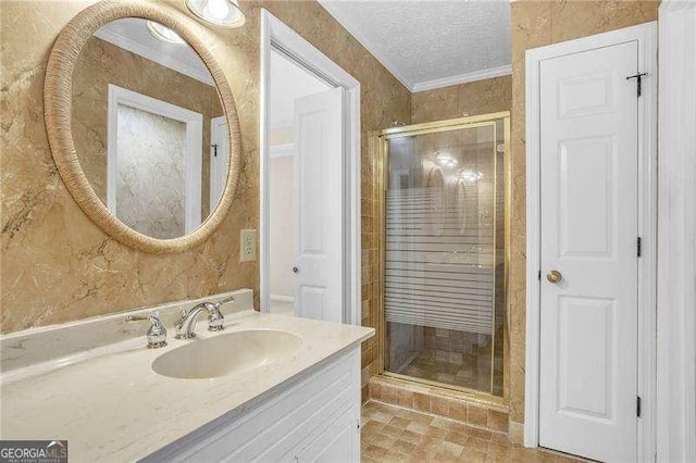 2830 Scottish Mill Way, Marietta, GA 30068 - bathroom featuring a stall shower, vanity, ornamental molding, and a textured ceiling