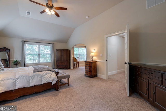 1221 Deer Trl, Bishop, GA 30621 - bedroom with light colored carpet, lofted ceiling, and a ceiling fan