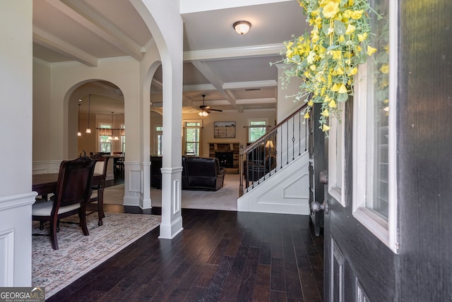 1221 Deer Trl, Bishop, GA 30621 - entrance foyer featuring dark wood-style floors, coffered ceiling, ceiling fan, beamed ceiling, and a fireplace