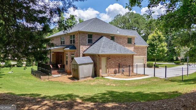 1221 Deer Trl, Bishop, GA 30621 - rear view of house featuring brick siding, a storage unit, a shingled roof, and a garage