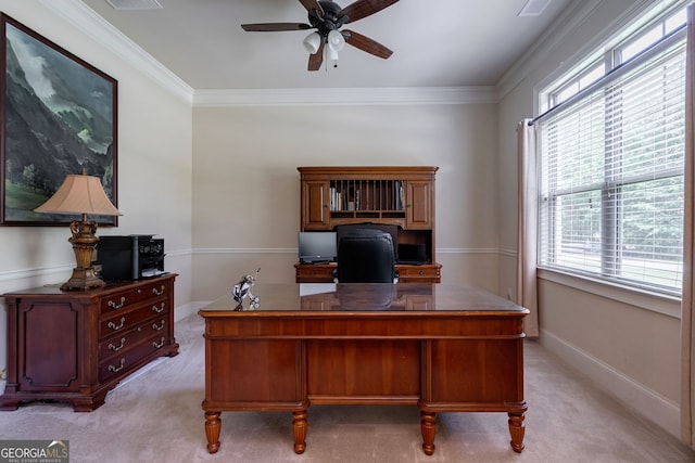 1221 Deer Trl, Bishop, GA 30621 - home office featuring light colored carpet, a ceiling fan, and ornamental molding