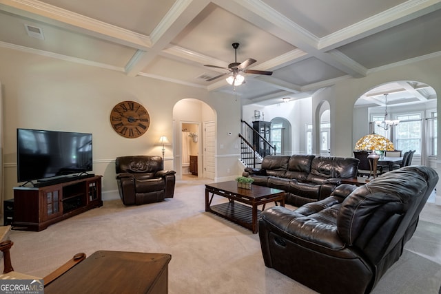 1221 Deer Trl, Bishop, GA 30621 - living room featuring arched walkways, coffered ceiling, a chandelier, light carpet, and stairs