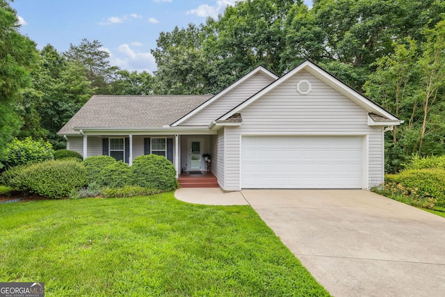 456 Timber Ct, Clarkesville, GA 30523 - ranch-style house with concrete driveway, a garage, a front yard, a shingled roof, and a porch