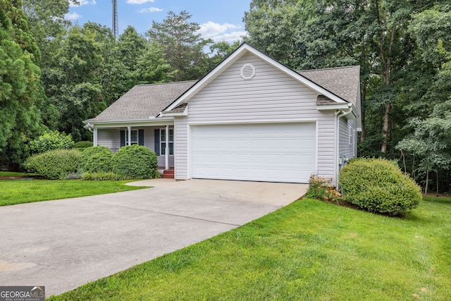 456 Timber Ct, Clarkesville, GA 30523 - ranch-style house with an attached garage, driveway, a front lawn, a shingled roof, and a porch