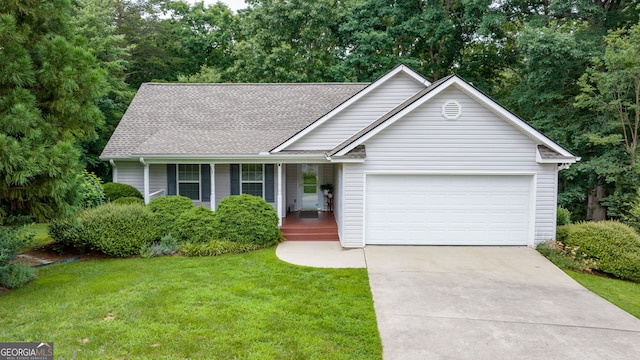 456 Timber Ct, Clarkesville, GA 30523 - ranch-style house featuring a garage, a front lawn, concrete driveway, a porch, and roof with shingles