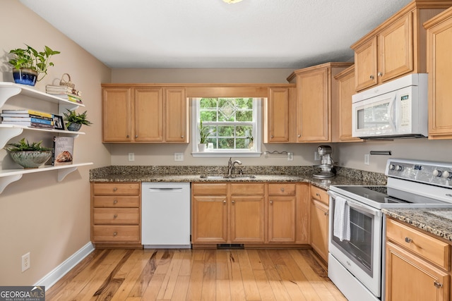 456 Timber Ct, Clarkesville, GA 30523 - kitchen featuring white appliances, light wood-style flooring, and stone counters