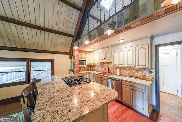 835 Timber Lake Trl, Cumming, GA 30041 - kitchen featuring stainless steel appliances, backsplash, light stone counters, high vaulted ceiling, and beam ceiling