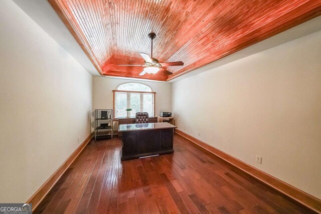 835 Timber Lake Trl, Cumming, GA 30041 - office featuring wood ceiling, a ceiling fan, dark wood-style flooring, and a raised ceiling