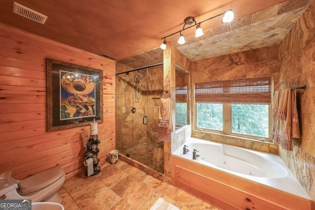835 Timber Lake Trl, Cumming, GA 30041 - full bathroom with a whirlpool tub, a shower stall, wood walls, and a bidet