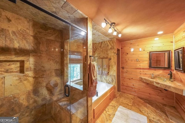 835 Timber Lake Trl, Cumming, GA 30041 - full bathroom with a garden tub, a stall shower, vanity, and wood walls