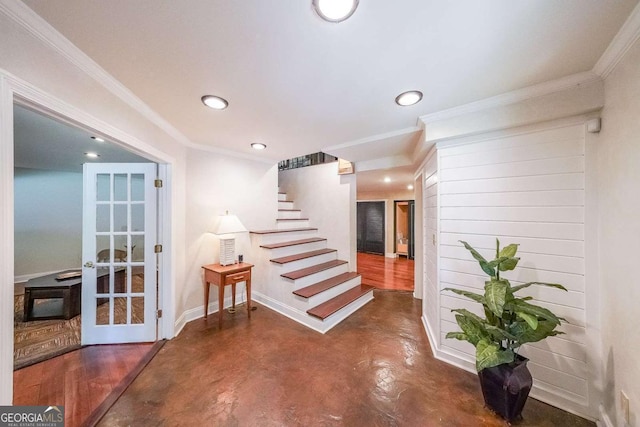 835 Timber Lake Trl, Cumming, GA 30041 - stairs featuring concrete floors, recessed lighting, and crown molding