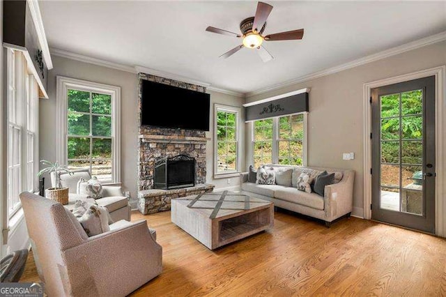 908 Basingstoke Ct, Suwanee, GA 30024 - living room with a ceiling fan, light wood-style floors, a stone fireplace, and ornamental molding