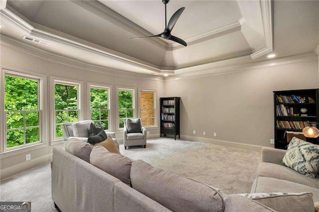 908 Basingstoke Ct, Suwanee, GA 30024 - living room featuring crown molding, carpet flooring, healthy amount of natural light, a raised ceiling, and a ceiling fan