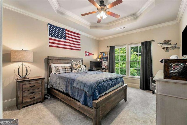 908 Basingstoke Ct, Suwanee, GA 30024 - bedroom with carpet floors, a raised ceiling, ornamental molding, and a ceiling fan