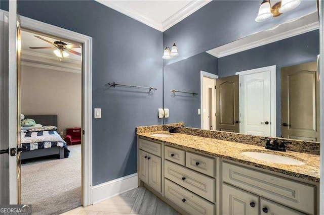 908 Basingstoke Ct, Suwanee, GA 30024 - bathroom with double vanity, a ceiling fan, ensuite bathroom, and crown molding