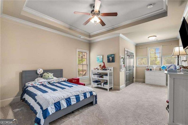 908 Basingstoke Ct, Suwanee, GA 30024 - bedroom featuring a tray ceiling, light colored carpet, crown molding, and ceiling fan
