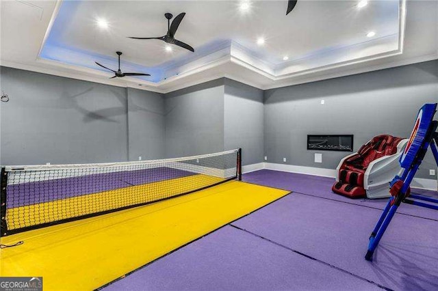 908 Basingstoke Ct, Suwanee, GA 30024 - view of community with recessed lighting, a ceiling fan, a tennis court, and ornamental molding