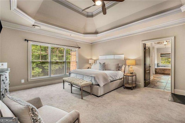 908 Basingstoke Ct, Suwanee, GA 30024 - bedroom featuring a tray ceiling, multiple windows, carpet flooring, ornamental molding, and a ceiling fan