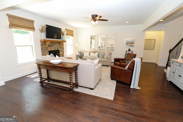 203 Drews Ridge Dr, Newnan, GA 30263 - living area with ceiling fan, a fireplace, healthy amount of natural light, dark wood-type flooring, and recessed lighting