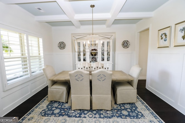 203 Drews Ridge Dr, Newnan, GA 30263 - dining area with coffered ceiling, beam ceiling, a wainscoted wall, wood finished floors, and a decorative wall
