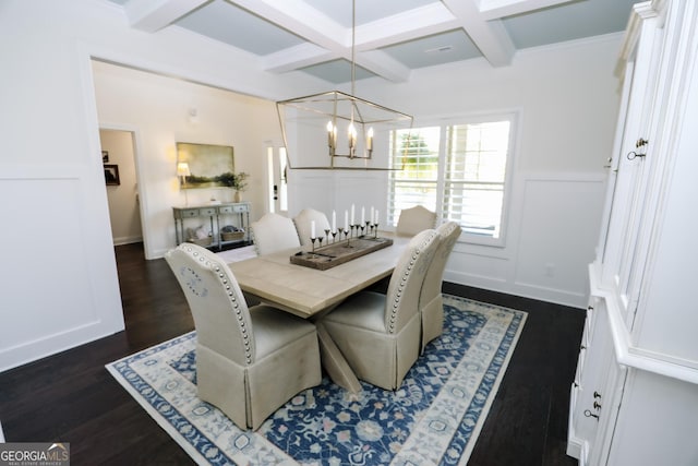 203 Drews Ridge Dr, Newnan, GA 30263 - dining space with coffered ceiling, a chandelier, beam ceiling, dark wood-style flooring, and a wainscoted wall