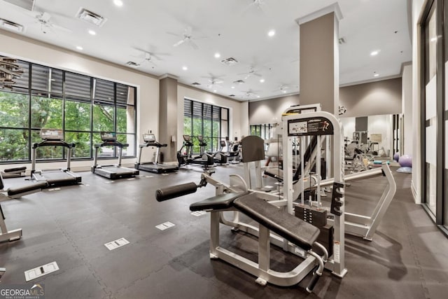 3040 Peachtree Rd NW Unit 702, Atlanta, GA 30305 - gym with a ceiling fan, crown molding, and recessed lighting