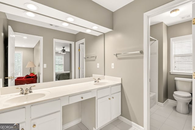 1065 Bookhout Dr, Cumming, GA 30041 - full bathroom featuring ensuite bath, double vanity, tile patterned flooring, bathing tub / shower combination, and recessed lighting