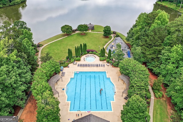 1065 Bookhout Dr, Cumming, GA 30041 - aerial view of a pool area and a nearby body of water