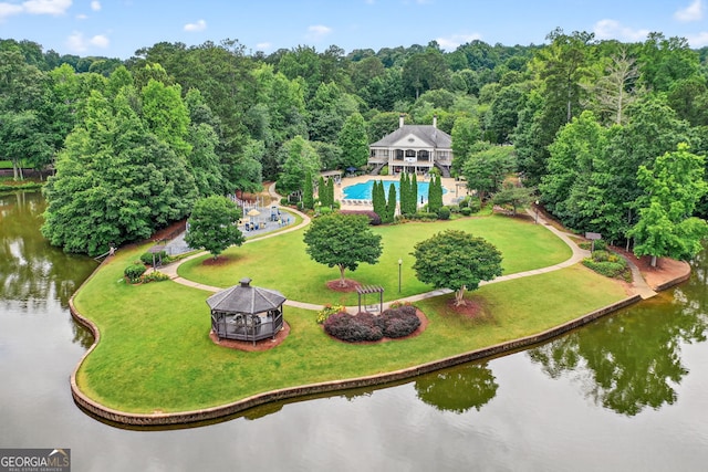 1065 Bookhout Dr, Cumming, GA 30041 - aerial view of property and surrounding area featuring a pool and a nearby body of water