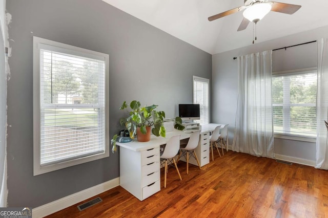 168 Gatlin Ridge Run, Dallas, GA 30157 - office featuring wood finished floors, vaulted ceiling, and a ceiling fan