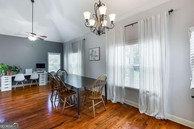 168 Gatlin Ridge Run, Dallas, GA 30157 - dining space featuring ceiling fan, a chandelier, wood finished floors, lofted ceiling, and a desk