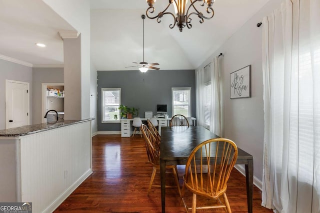 168 Gatlin Ridge Run, Dallas, GA 30157 - dining area featuring dark wood finished floors, healthy amount of natural light, a chandelier, and lofted ceiling