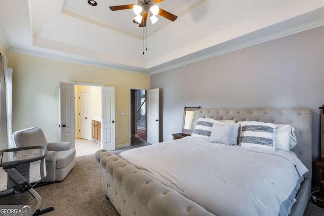 168 Gatlin Ridge Run, Dallas, GA 30157 - bedroom featuring a tray ceiling, carpet floors, ornamental molding, and a ceiling fan