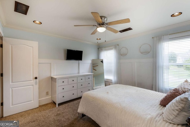 168 Gatlin Ridge Run, Dallas, GA 30157 - carpeted bedroom with a wainscoted wall, crown molding, a ceiling fan, and recessed lighting
