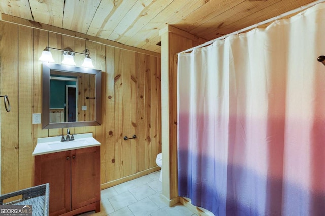 168 Gatlin Ridge Run, Dallas, GA 30157 - bathroom with wood ceiling, wooden walls, vanity, and a shower with shower curtain