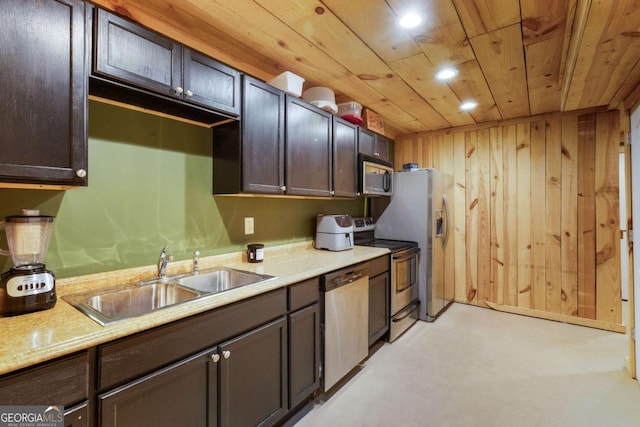 168 Gatlin Ridge Run, Dallas, GA 30157 - kitchen featuring stainless steel appliances, wood ceiling, dark brown cabinetry, recessed lighting, and concrete floors
