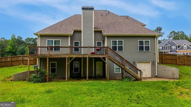 168 Gatlin Ridge Run, Dallas, GA 30157 - rear view of house featuring stairway, a deck, a fenced backyard, roof with shingles, and a chimney