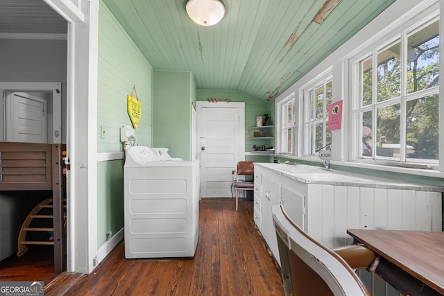 110 College Blvd, Statesboro, GA 30458 - laundry room featuring washing machine and clothes dryer, dark wood finished floors, and wood ceiling