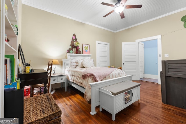 110 College Blvd, Statesboro, GA 30458 - bedroom with crown molding, dark wood-type flooring, and a ceiling fan