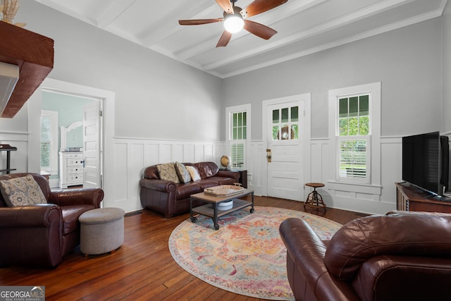 110 College Blvd, Statesboro, GA 30458 - living room featuring ceiling fan, hardwood / wood-style floors, beamed ceiling, and wainscoting