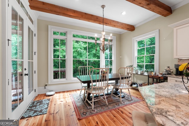 5130 Pratt St SW, Covington, GA 30014 - dining room with beam ceiling, hardwood / wood-style flooring, a chandelier, recessed lighting, and ornamental molding