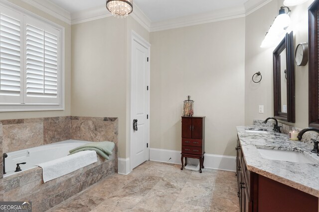 5130 Pratt St SW, Covington, GA 30014 - full bathroom featuring double vanity, a garden tub, crown molding, and a chandelier