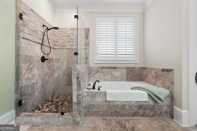 5130 Pratt St SW, Covington, GA 30014 - full bathroom featuring a shower stall, a bath, and ornamental molding
