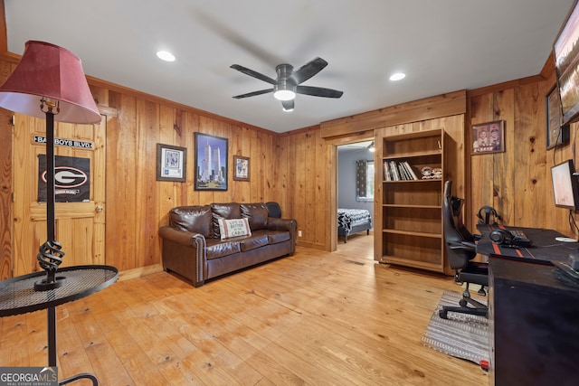 2296 Athens Rd, Royston, GA 30662 - living area featuring wooden walls, ceiling fan, hardwood / wood-style floors, and recessed lighting
