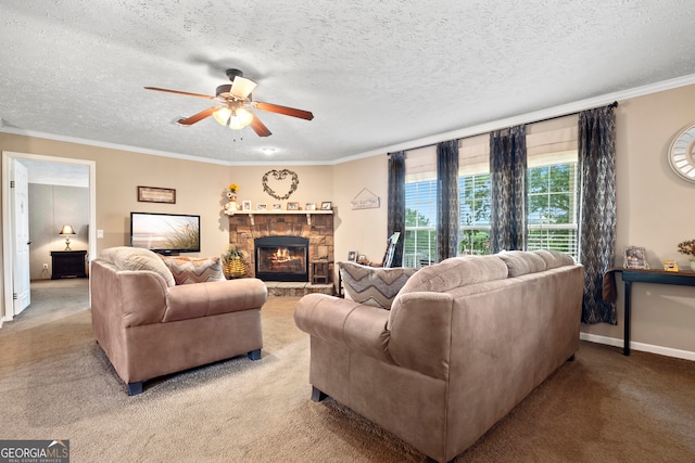 2296 Athens Rd, Royston, GA 30662 - living room featuring a ceiling fan, carpet flooring, crown molding, a textured ceiling, and a fireplace