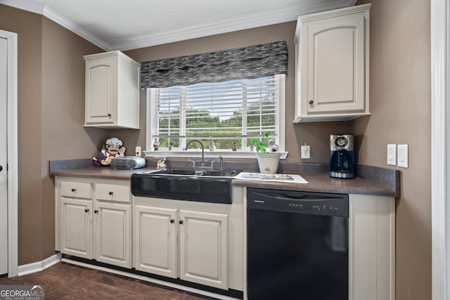 2296 Athens Rd, Royston, GA 30662 - kitchen featuring dishwasher, ornamental molding, dark countertops, white cabinetry, and dark wood-style flooring