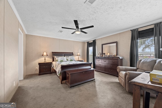 2296 Athens Rd, Royston, GA 30662 - carpeted bedroom featuring multiple windows, a textured ceiling, a ceiling fan, and crown molding
