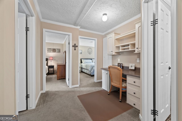 2296 Athens Rd, Royston, GA 30662 - office area featuring light carpet, built in study area, a textured ceiling, and ornamental molding
