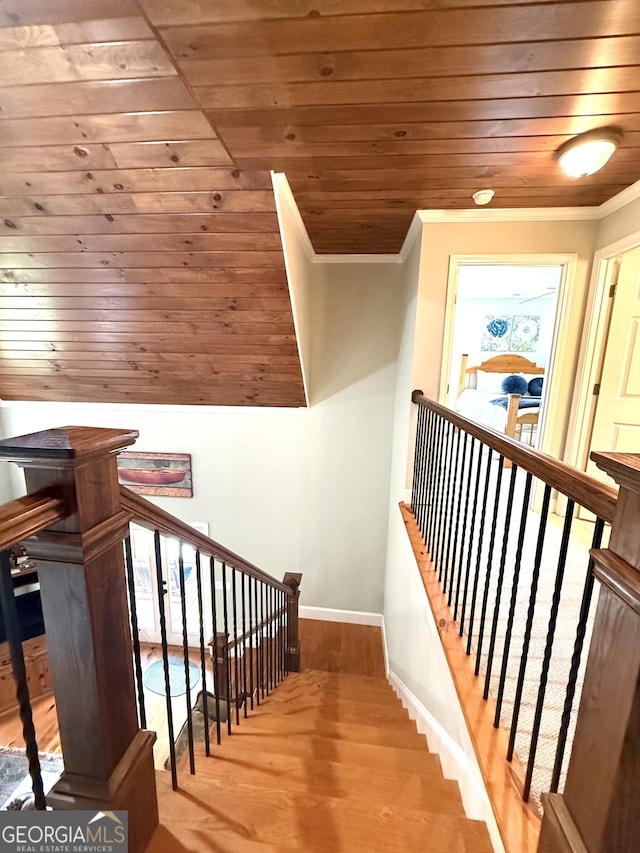 105 Evergreen Rd, Hiawassee, GA 30546 - stairs with ornamental molding, wood finished floors, and wood ceiling