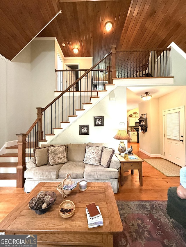 105 Evergreen Rd, Hiawassee, GA 30546 - living area featuring stairway, wood ceiling, and wood finished floors